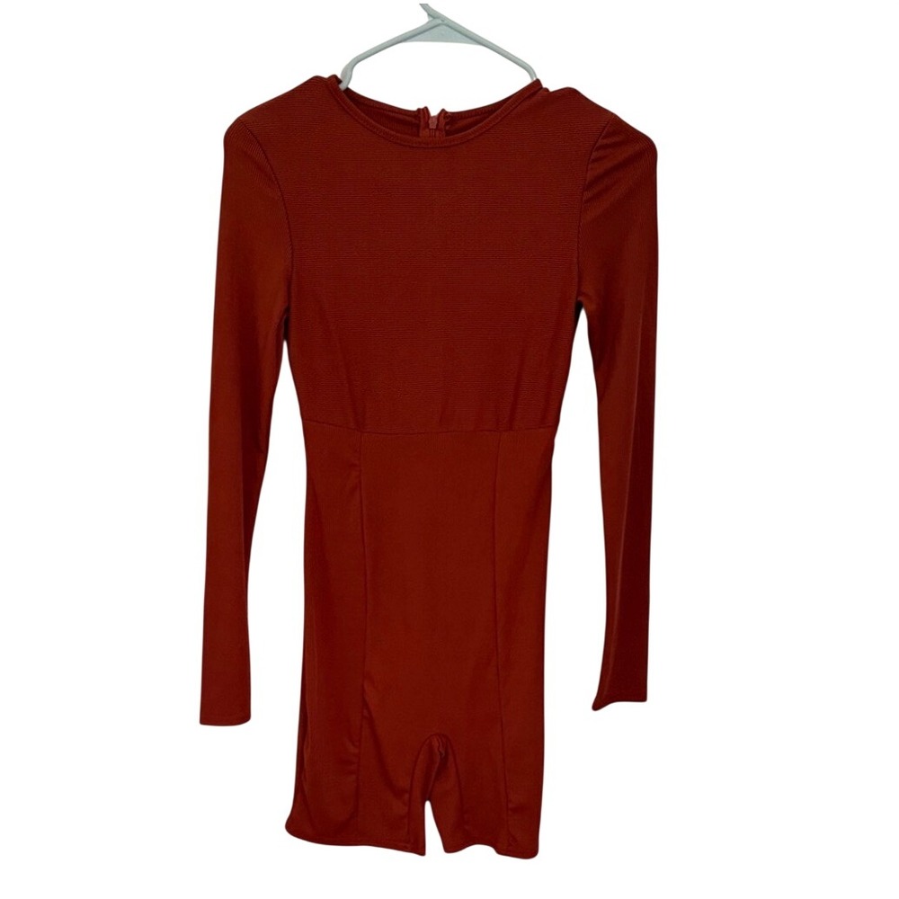 Unbranded Rust Orange Ribbed Long Sleeve Romper‎ Crew Neck Bodycon Playsuit